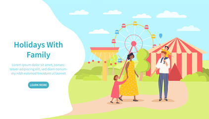 Holidays with family illustration concept with multiracial parents with young children spending time in amusement park
