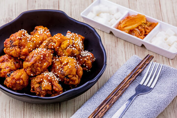 Fried chicken with kimchi korean food