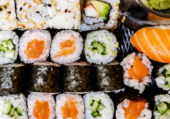 top shot of sushi bento maki menu, japan food.
