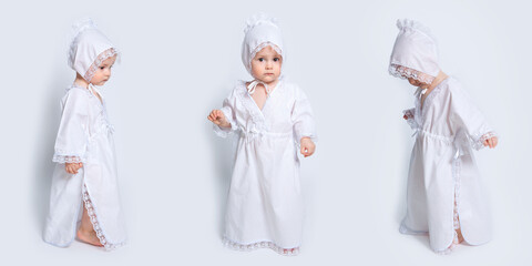 Collage of three photos - baby in christening clothes on a white background. Baptism, Christianity,...