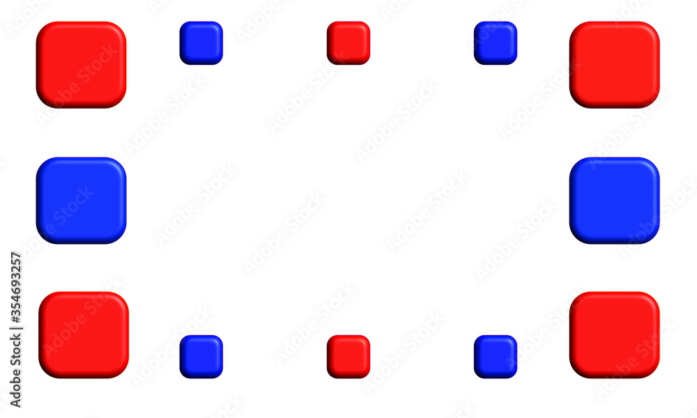 Poster different shapes red and blue geometric 3d square pattern on white background, arranged like a frame