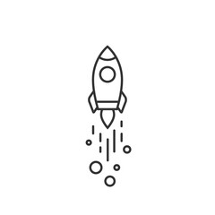 Outline rocket ship with fire. Isolated on white. Flat line icon. Vector illustration with flying rocket.