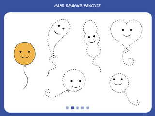 Preschool educational hand drawing app game for kids. Balloon hand drawing practice shapes. line drawing practice sheet. Shape making practice for kids. Coloring book pages for kids.