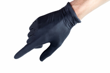 Hand in a black medical protective latex glove pointing gesture isolated on white, cut out. Human...