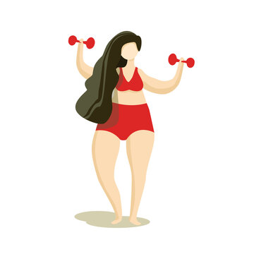 Plus Size Woman. Girl Is Engaged In Fitness With Dumbbells In A Bathing Suit