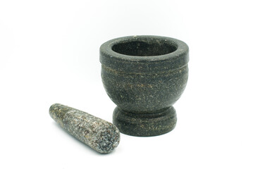 A stone mortar on a white background