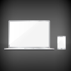 Realistic blank sliver screens set on dark background