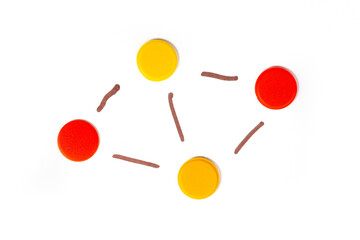 Simple small decentralized network with four circle nodes and connections Simplified minimalistic web diagram, linked lements isolated on white P2P, peer to peer connectivity internet abstract concept