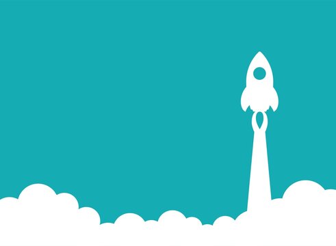 Rocket ship flies up with sky clouds on blue background. Flat icon.