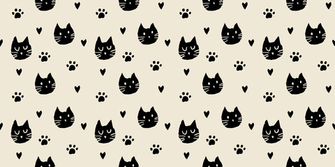 Hand drawn black and white cat paw heart icon seamless background for textile wallpaper fabric design. Ink drawing cute texture.