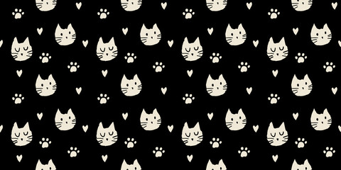 Hand drawn black and white cat paw heart icon seamless background for textile wallpaper fabric design. Ink drawing cute texture.