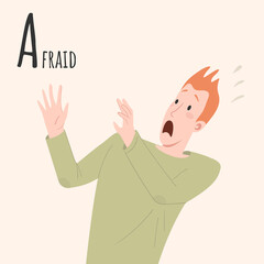 Alphabet Emotions concept. Male character tension and afraid. Letter A - Afraid. Vector cartoon illustration