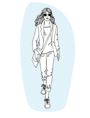 Business woman, Young walking girl, hand drawn sketch, Black and white line art, full body girl, girl dressed in a jacket and jeans, casual style. Vector illustration on white.