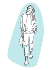 Business woman, Young walking girl, hand drawn sketch, Black and white line art, full body girl, girl dressed in a jacket and jeans, casual style. Vector illustration on white.