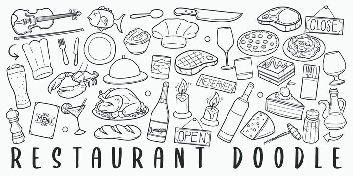 Restaurant Doodle Line Art Illustration. Hand Drawn Vector Clip Art. Banner Set Logos.