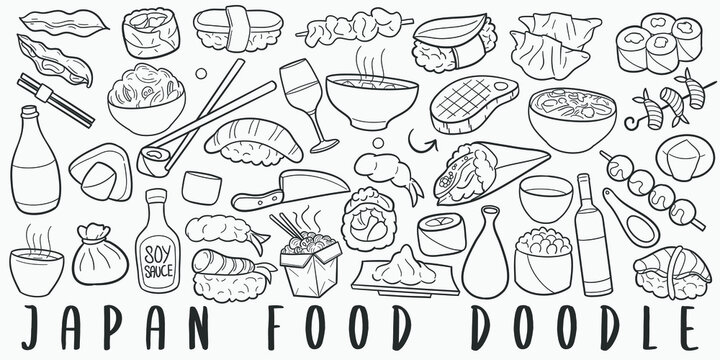 Japan Food Doodle Line Art Illustration. Hand Drawn Vector Clip Art. Banner Set Logos.