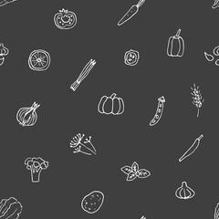 Vector seamless pattern of hand drawn vegetables and herbs. .