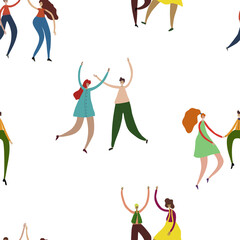 Young dancing people pairs seamless pattern. Happy male and female dancers isolated on white. Smiling men and women characters enjoying dance party. Colorful vector illustration in flat cartoon style