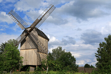 Fototapeta na wymiar Old wooden windmill in Wdzydze Kiszewskie, Poland