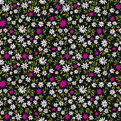 Cute floral pattern in the small flowers. Ditsy print. Seamless vector texture. Elegant template for fashion prints. Printing with small white and pink flowers. Black background.