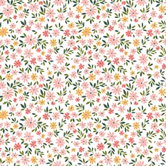 Papier Peint photo Petites fleurs Fond floral vintage. Motifs vectoriels harmonieux pour les imprimés de design et de mode. Motif de fleurs avec de petites fleurs corail pâle sur fond blanc. Style minimaliste.
