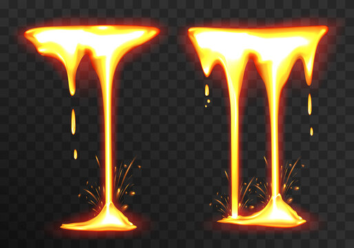 Effect liquid lava on transparent background. Lava or molten metal flowing. Vector realistic illustration