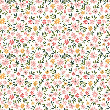 Vintage floral background. Seamless vector patterns for design and fashion prints. Flowers pattern with small pale coral flowers on a white background. Ditsy style.