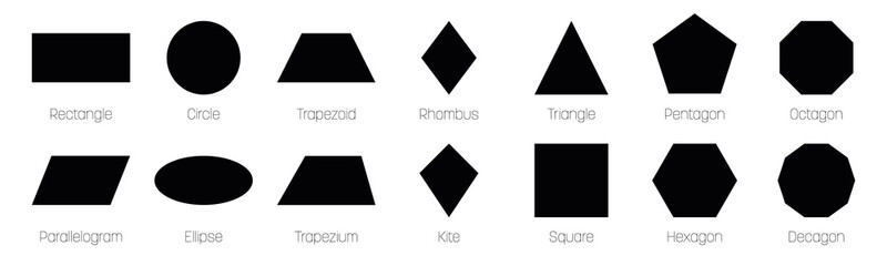 Geometric shapes with labels. Set of 14 basic shapes. Simple flat vector illustration - obrazy, fototapety, plakaty