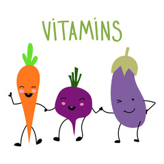 Funny cartoon vegetables holding hands. Vector vegetable isolates.Vector flat illustration on white background..The concept of proper nutrition.