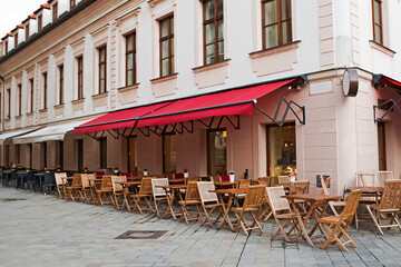 Empty street cafe in small European town