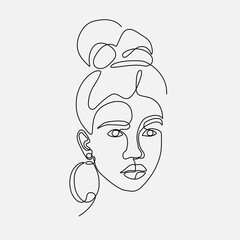 Woman head vector lineart illustration. One Line style drawing. 