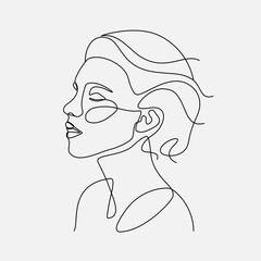 Woman head vector lineart illustration. One Line style drawing. 