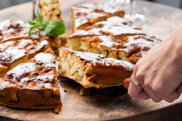 Authentic sponge cake with raisins, cinnamon and apples. Morning atmospheric lighting, fashionable trendy spot soft focus. Preparation for design creative menu. Culinary pastries.