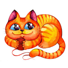 Watercolor hand drawn illustration of red cat with a ball of yarn isolated on white background