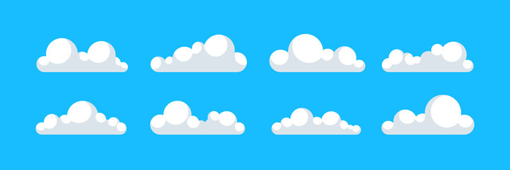 Set of shite sky, clouds. Cloud icon, cloud shape. Set of different clouds. Collection of cloud, shape, label, symbol. Graphic element vector. Vector illustration.