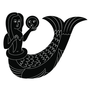 Medieval mermaid holding mirror. Fantastic mythological creature. European folklore. Black and white silhouette.