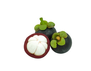 three organic mangosteen fruit violet and green color. cut half peel sweet dessert summer season in thailand. multivitamin juicy freshness vegetarian. Isolated on white background with clipping path.