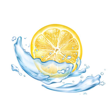 Water splash and lemon slice. Photo realistic vector illustration. Editable EPS vector