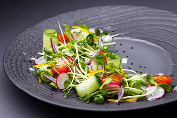 Authentic fresh vegetable salad with sprouts and peas black pepper on a black plate. Morning atmospheric lighting, fashionable trendy spot soft focus. Preparation for design creative menu.