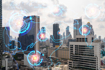 World planet Earth map hologram over panorama city view of Bangkok, Asia. The concept of international connections and business. Multi Exposure.
