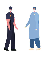 Isolated male doctor and police man with masks vector design