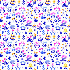 Blooming garden. Seamless vector pattern with colorful flowers. Retro textile collection. Elegant template for fashion prints. White background.