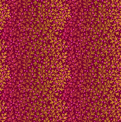 Trendy seamless vector floral pattern. Endless print made of small  leaves and berries. Christmas and New Yearmotifs. Red background. Vector illustration.
