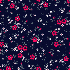 Fototapeta na wymiar Floral pattern. Pretty flowers on dark blue background. Printing with small red flowers. Ditsy print. Seamless vector texture. Spring bouquet.