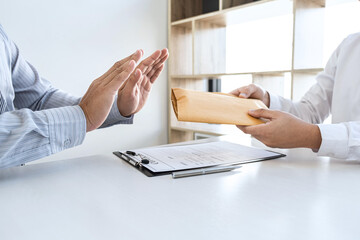 Anti bribery and corruption concept, Business man refusing and don't receive money banknote in...