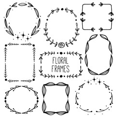 Hand drawn floral wreath set. Vector. Leaves and flowers garlands. Circle floral borders. Sketch romantic floral design elements.