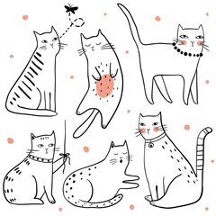 Cute funny cats vector set. Pet vector illustration. Collection of cartoon doodle outline animals. Character kittens