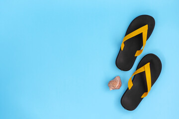 Flip flops with a seashell on a light blue background.