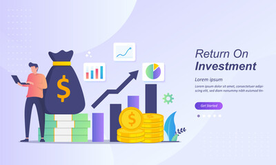 ROI concept, Return on investment, people managing financial chart, profit income, Suitable for web landing page, ui, mobile app, banner template. Vector Illustration.