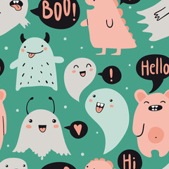 Vector cute cartoon monsters seamless pattern.  Funny doodle characters   children's pattern for fashion clothes, shirt, fabric